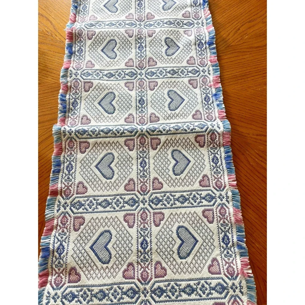Vintage Cottagecore Woven Tapestry Table Runner 72" Hearts Country Grannycore - Picture 2 of 6